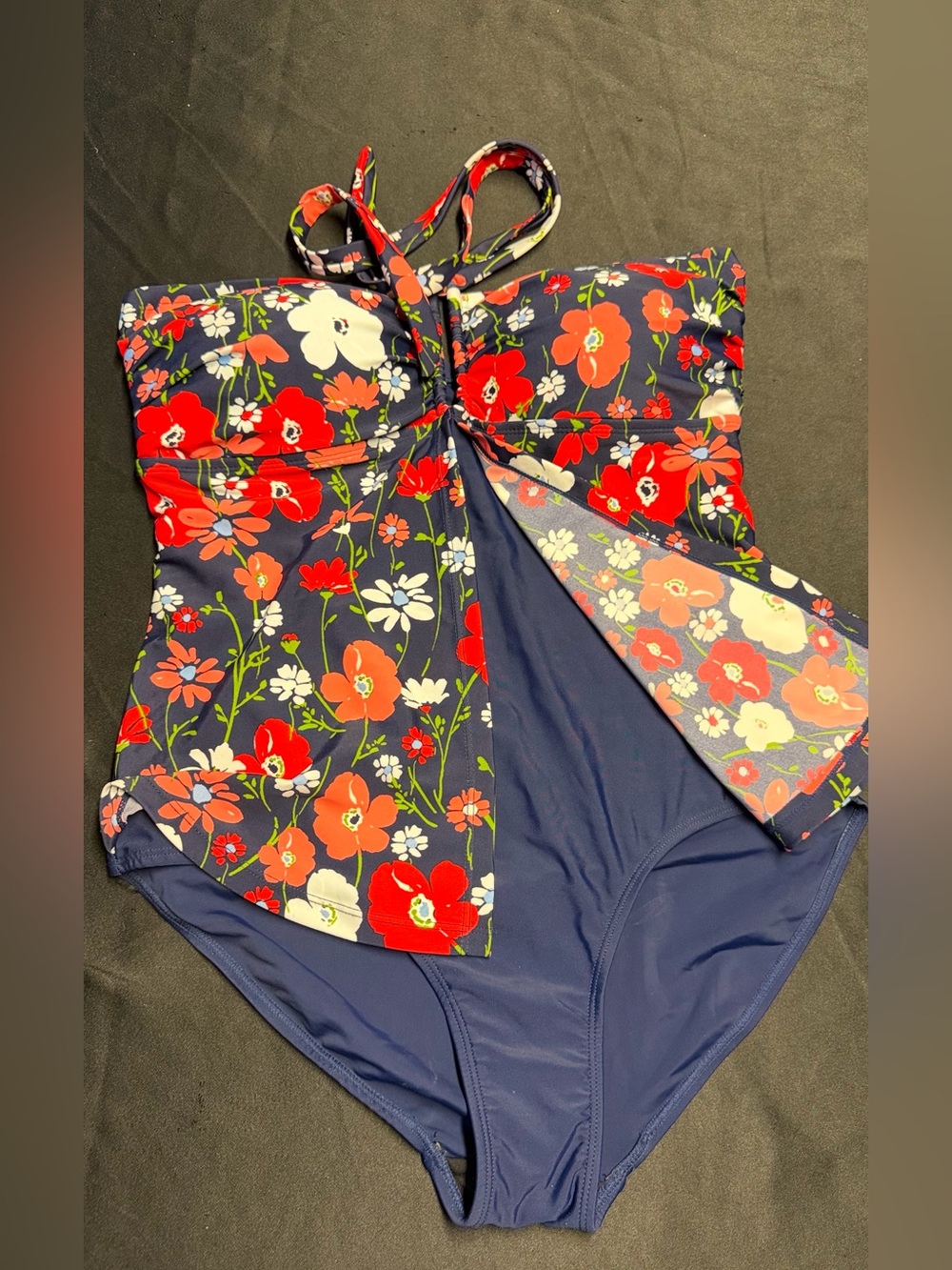Jones New York Navy One-Piece Swimsuit with Red Floral Print